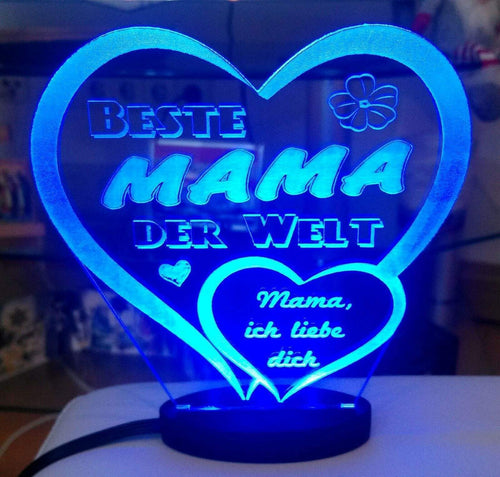 topgraveure Geschenk 125 x 120 mm / Beste Mama blau Herz Muttertag Geschenk Geburtstag graviert mit Ihrem Namen und LED-Licht* Liebe