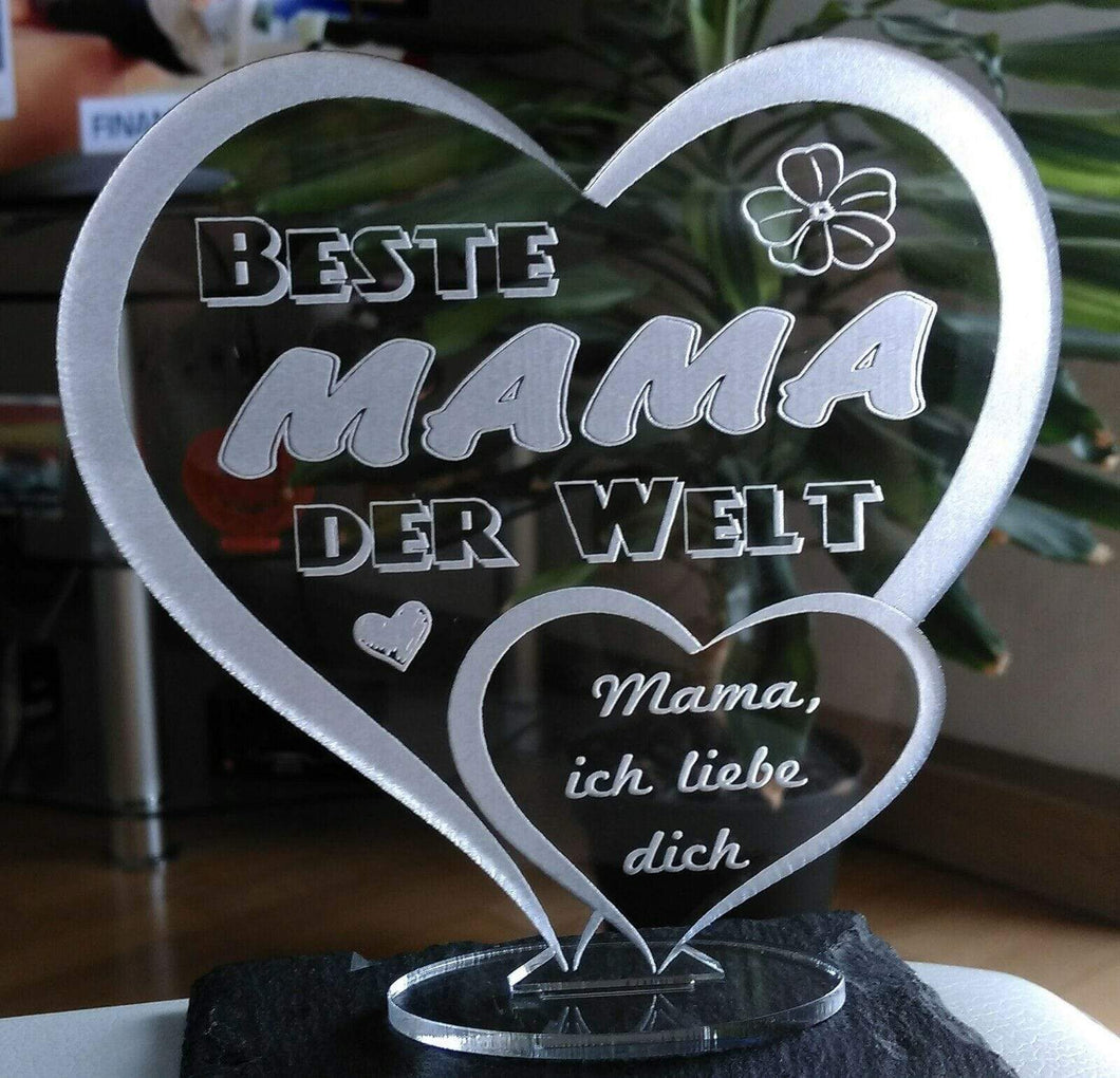 topgraveure Geschenk 125 x 120 mm / Beste Mama farblos Herz Muttertag Geschenk Geburtstag graviert mit Ihrem Namen und LED-Licht* Liebe