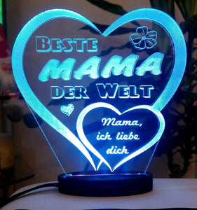 topgraveure Geschenk 125 x 120 mm / Beste Mama kaltweiß Herz Muttertag Geschenk Geburtstag graviert mit Ihrem Namen und LED-Licht* Liebe