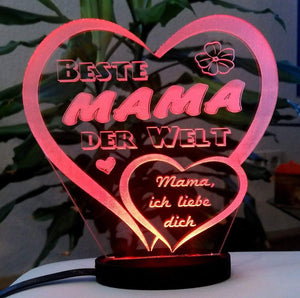 topgraveure Geschenk 125 x 120 mm / Beste Mama rot Herz Muttertag Geschenk Geburtstag graviert mit Ihrem Namen und LED-Licht* Liebe