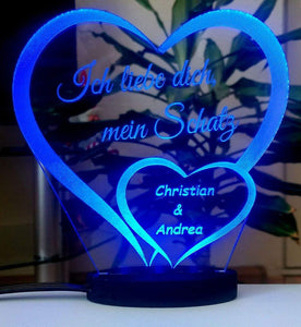 topgraveure Geschenk 125 x 120 mm / ILD blau Ich liebe dich, mein Schatz - Valentinstag LED-Licht* graviert mit Ihrem Namen