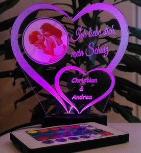 topgraveure Geschenk 125 x 120 mm / LED RGB 15 farben Liebe Geschenk IHR FOTO+TEXT Herz Valentinstag Geburtstag Beleuchtung LED-Licht