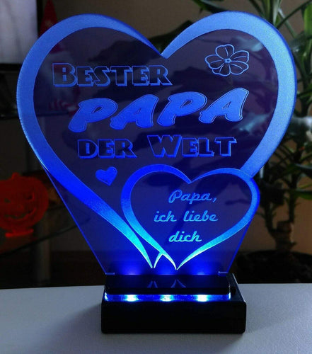 topgraveure Geschenk Dekor 125 x 120 mm / blau + licht Bester Papa Vatertag Geschenk Geburtstag Liebe *LED-Licht