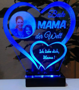 topgraveure Geschenk Dekor 125 x 120 mm / LED blau Beste Mama Alles Gute Liebe IHR FOTO+TEXT Muttertag Geburtstag Liebe LED-Licht