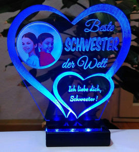 topgraveure Geschenk Dekor 125 x 120 mm / LED blau Beste Schwester IHR FOTO+TEXT Muttertag Geschenk Geburtstag Liebe LED-Licht