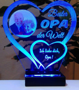 topgraveure Geschenk Dekor 125 x 120 mm / LED blau Bester Opa IHR FOTO+TEXT Vatertag Geschenk Geburtstag Liebe LED-Licht