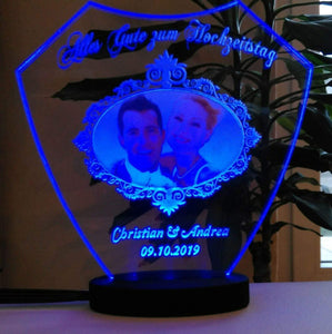 topgraveure Geschenk Dekor 125 x 120 mm / LED blau / mit Foto Alles Gute zum Hochzeitstag IHR FOTO+TEXT Hochzeit Geschenk Liebe LED-Licht