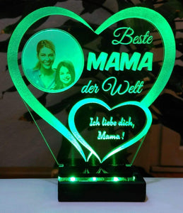 topgraveure Geschenk Dekor 125 x 120 mm / LED grün Beste Mama Alles Gute Liebe IHR FOTO+TEXT Muttertag Geburtstag Liebe LED-Licht