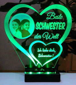topgraveure Geschenk Dekor 125 x 120 mm / LED grün Beste Schwester IHR FOTO+TEXT Muttertag Geschenk Geburtstag Liebe LED-Licht