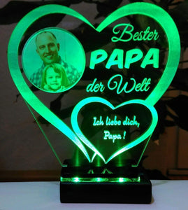 topgraveure Geschenk Dekor 125 x 120 mm / LED grün Bester Papa IHR FOTO+TEXT Vatertag Geschenk Geburtstag Liebe LED-Licht