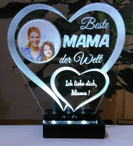 topgraveure Geschenk Dekor 125 x 120 mm / LED kaltweiß Beste Mama Alles Gute Liebe IHR FOTO+TEXT Muttertag Geburtstag Liebe LED-Licht