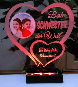 topgraveure Geschenk Dekor 125 x 120 mm / LED rot Beste Schwester IHR FOTO+TEXT Muttertag Geschenk Geburtstag Liebe LED-Licht