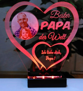 topgraveure Geschenk Dekor 125 x 120 mm / LED rot Bester Papa IHR FOTO+TEXT Vatertag Geschenk Geburtstag Liebe LED-Licht