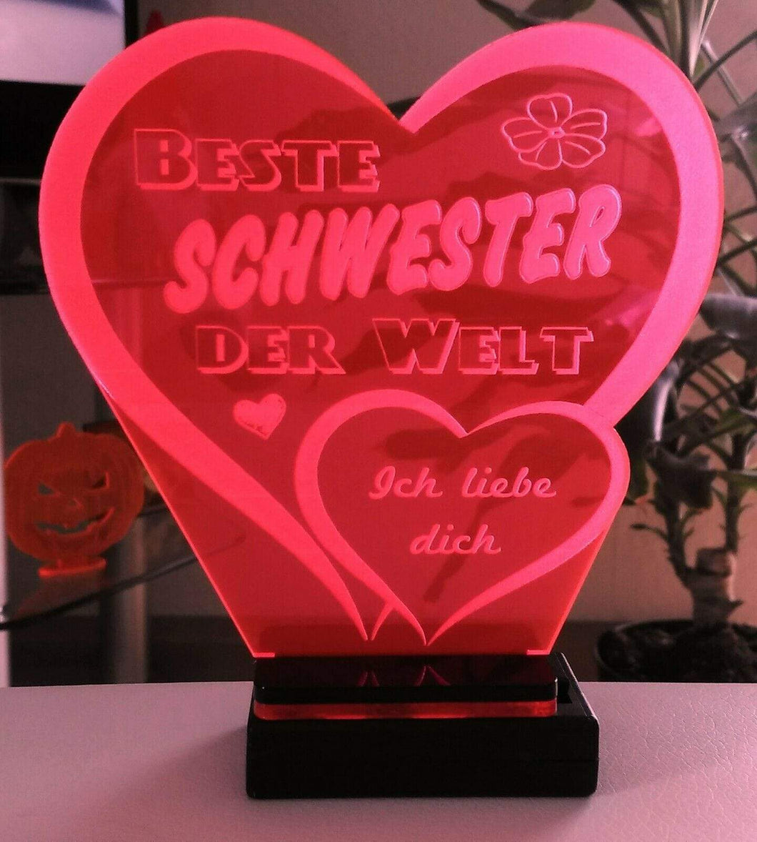 topgraveure Geschenk Dekor 125 x 120 mm / rot Beste Schwester Muttertag Geschenk Geburtstag Liebe *LED-Licht