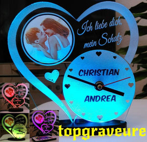 topgraveure Geschenk Liebe Valentinstag Geschenk IHR FOTO+NAME+UHR Geburtstag Hochzeitstag LED-Licht