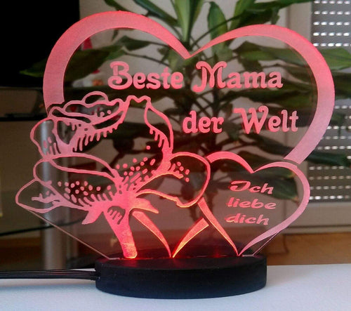 topgraveure Geschenk rot / 120 x 100 mm Liebe Mama Oma Muttertag Geburtstag  *LED-Licht graviert mit Ihrem Namen